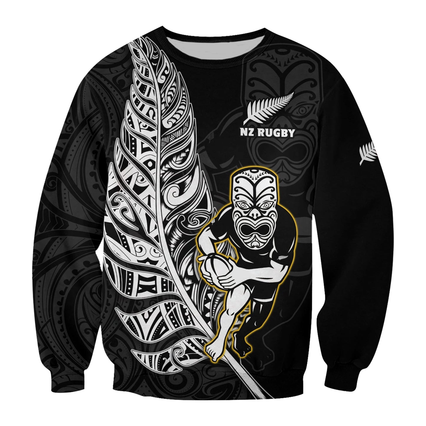Custom Text And Number New Zealand Silver Fern Rugby Sweatshirt All Black Maori Version Black