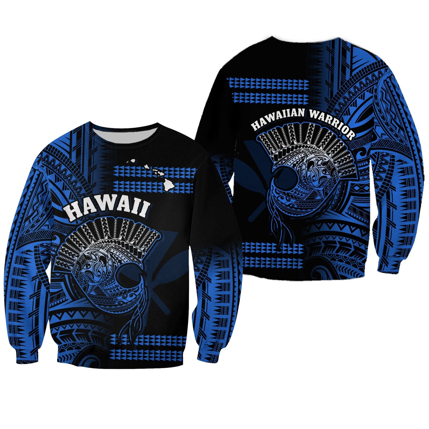 Hawaii Sweatshirt Kakau Warrior Helmet Gradient Blue Polynesian