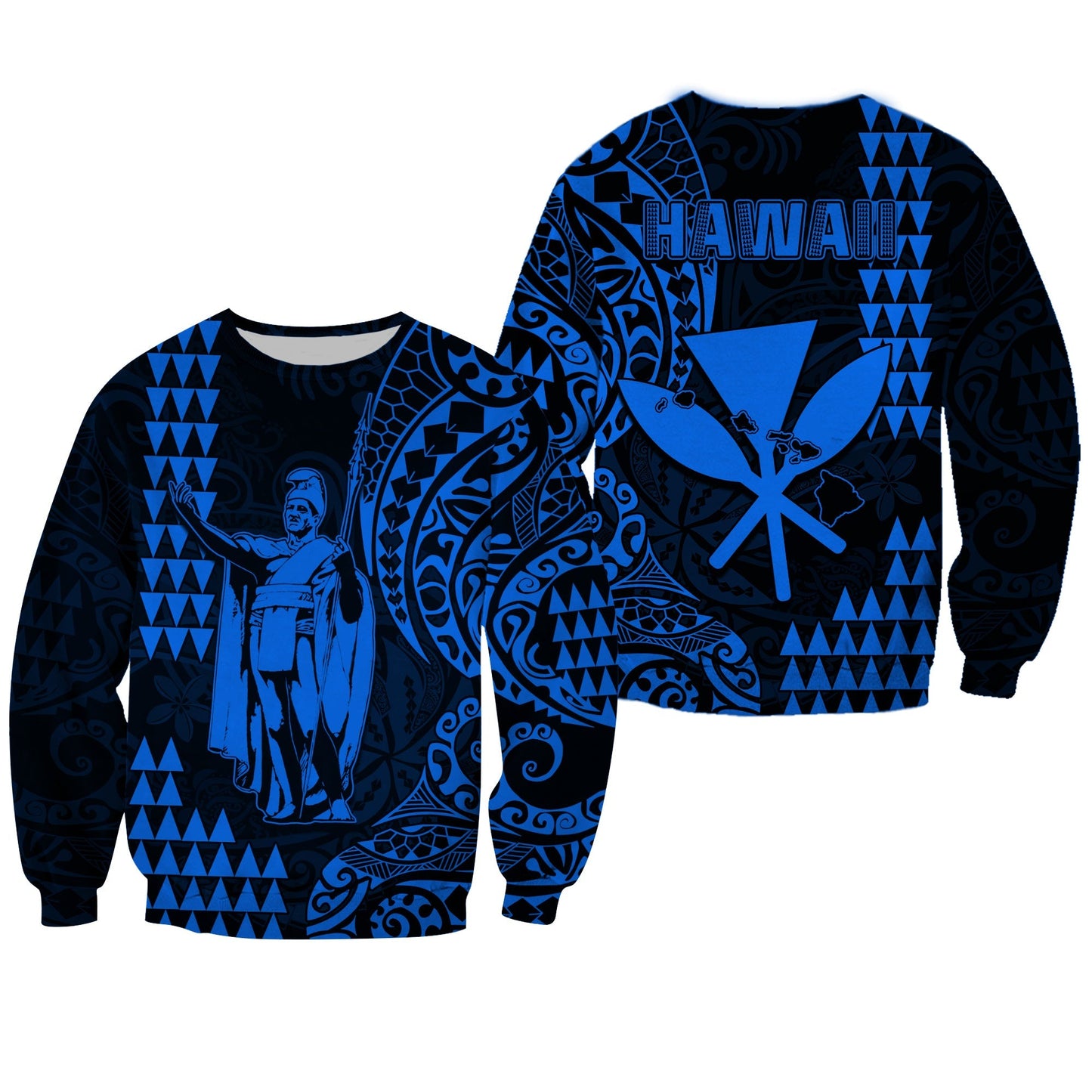 Hawaii Day Kakau Sweatshirt Proud To Be Hawaiian Blue King Kamehameha and Kanaka Maoli