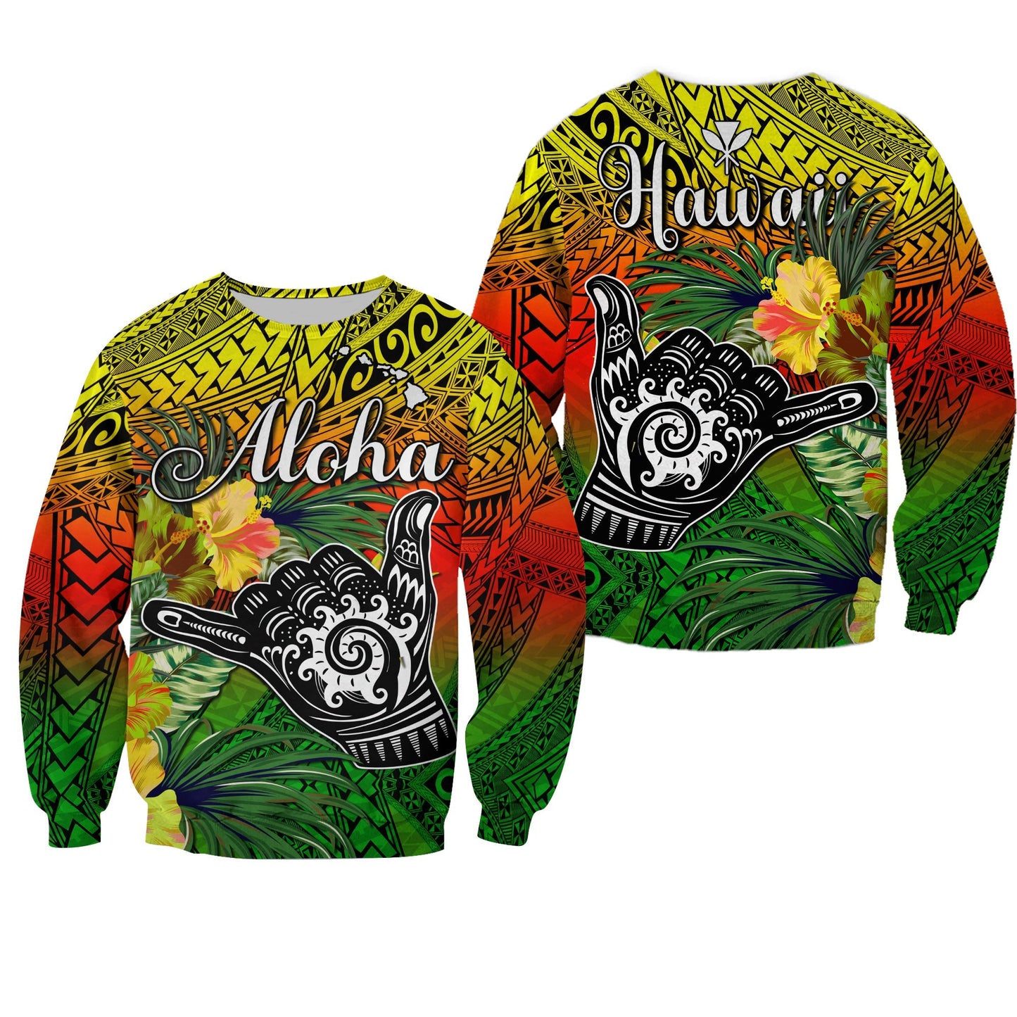 The Shaka Hawaii Sweatshirt Tropical Flowers Reggae Version