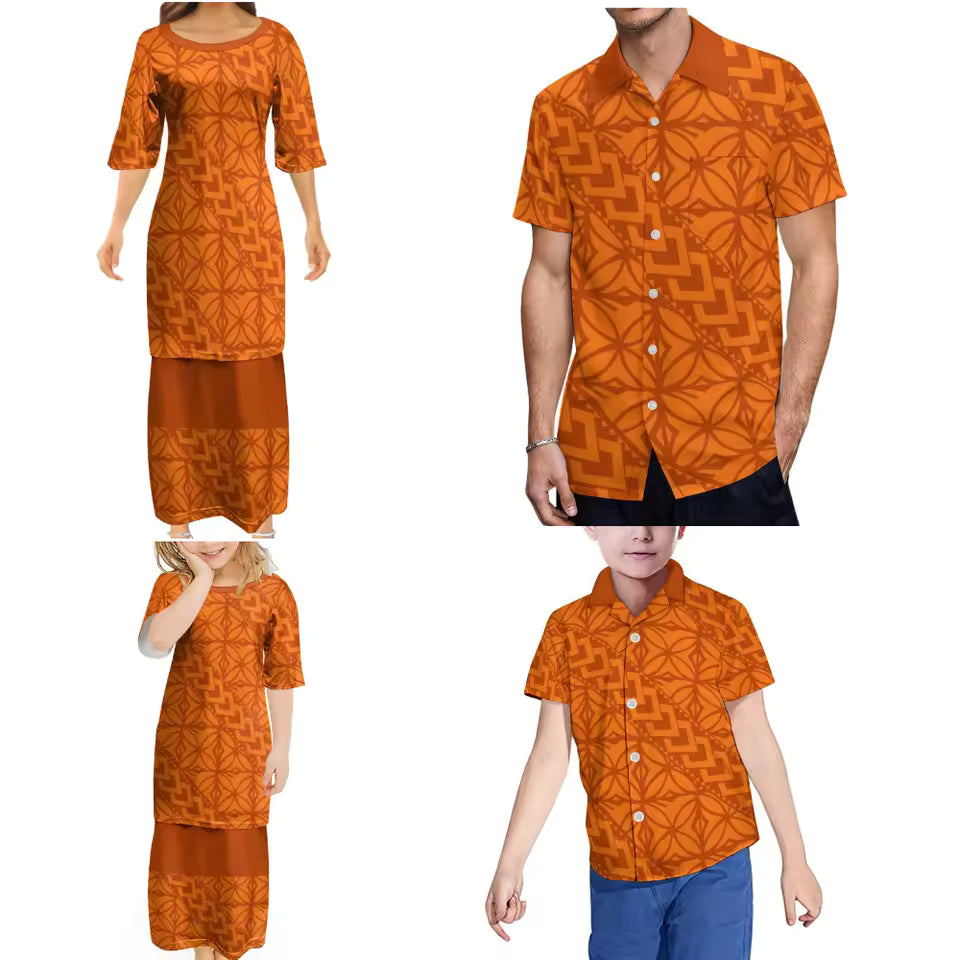 Orange Polynesian Family Set Polynesian Tribal Pattern Women's Puletasi Men'S Shirt Adult Children Matching Set For Family