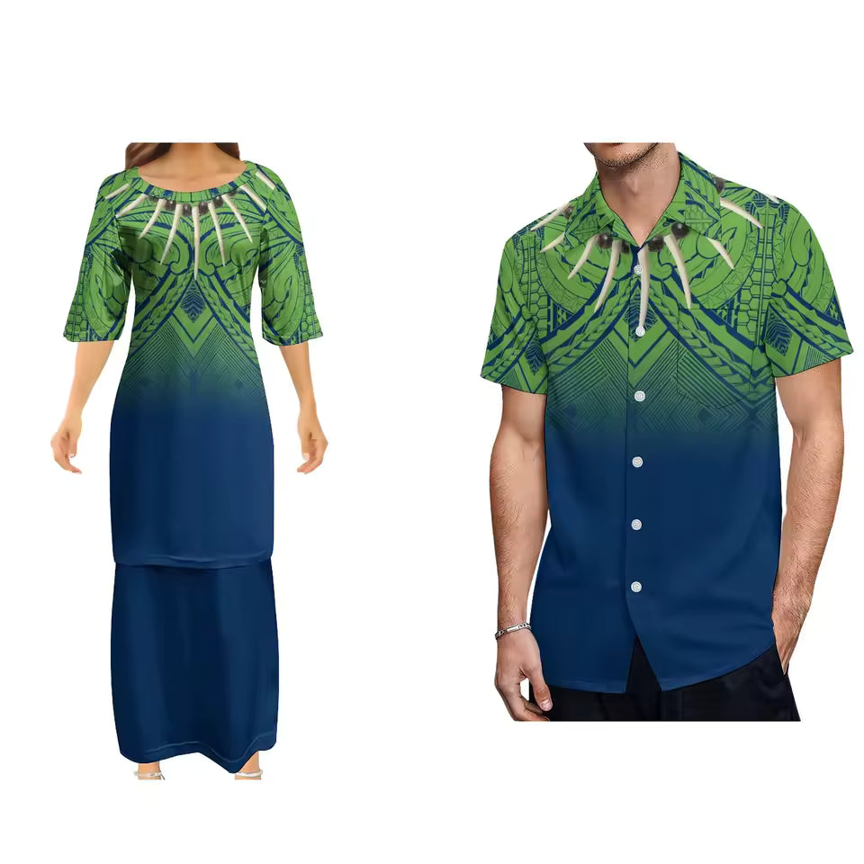 Samoan Necklace Ula Nifo Polynesian Pattern Green Matching Outfit For Couple Polynesian Puletasi Dress And Hawaiian Shirts Couple Set