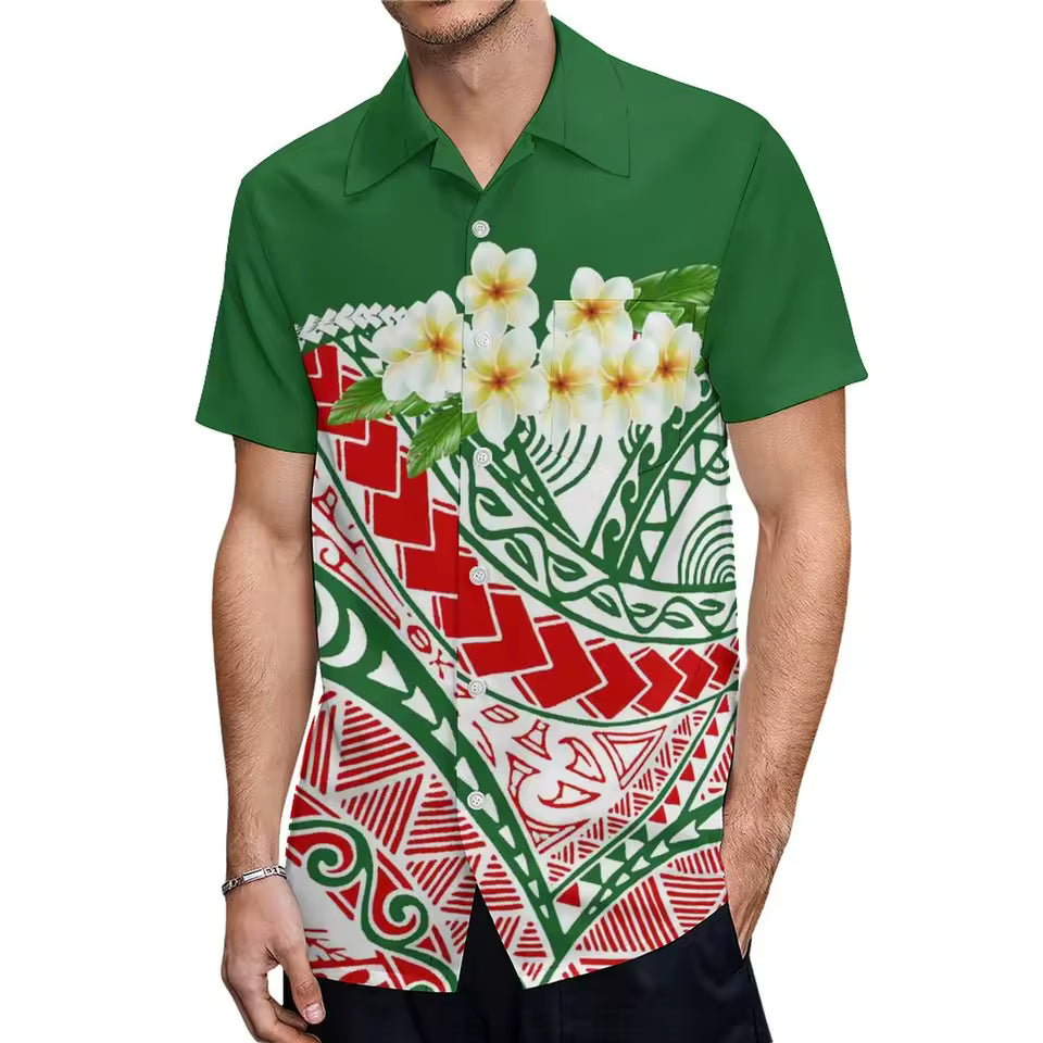 Polynesian Plumeria Flower Green Matching Outfit For Couple Polynesian Short Sleeve Mermaid Long Dress And Hawaiian Shirt