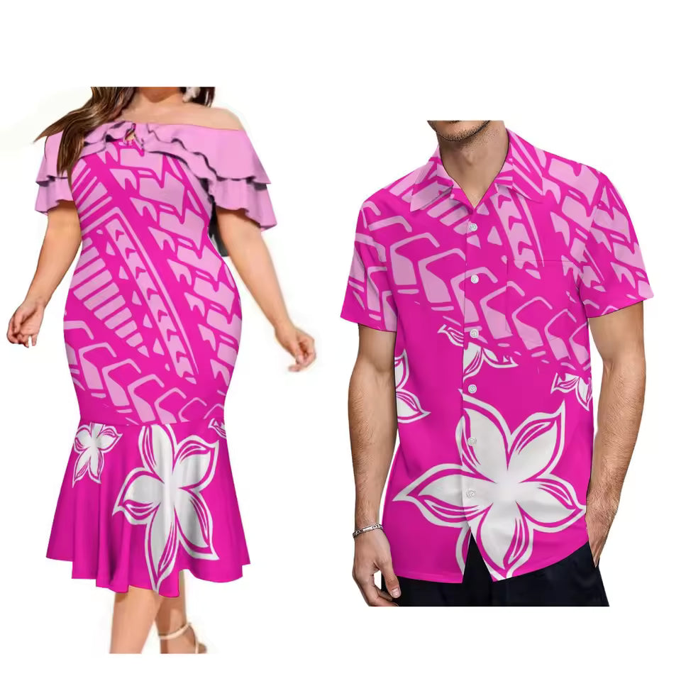 Polynesian Tribal Pattern Couple Matching Outfit For Family Flowers Pink Dress Polynesian Ruffled Dress And Hawaiian Shirt