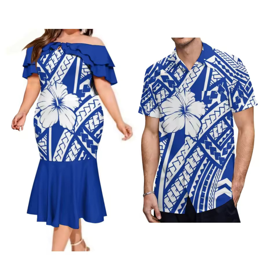 Polynesian Tribal Pattern Couple Set Printed Summer Hibiscus Flowers Tropical Blue Ruffled Fishtail Dress And Hawaiian Shirt Matching Ourfit For Couple
