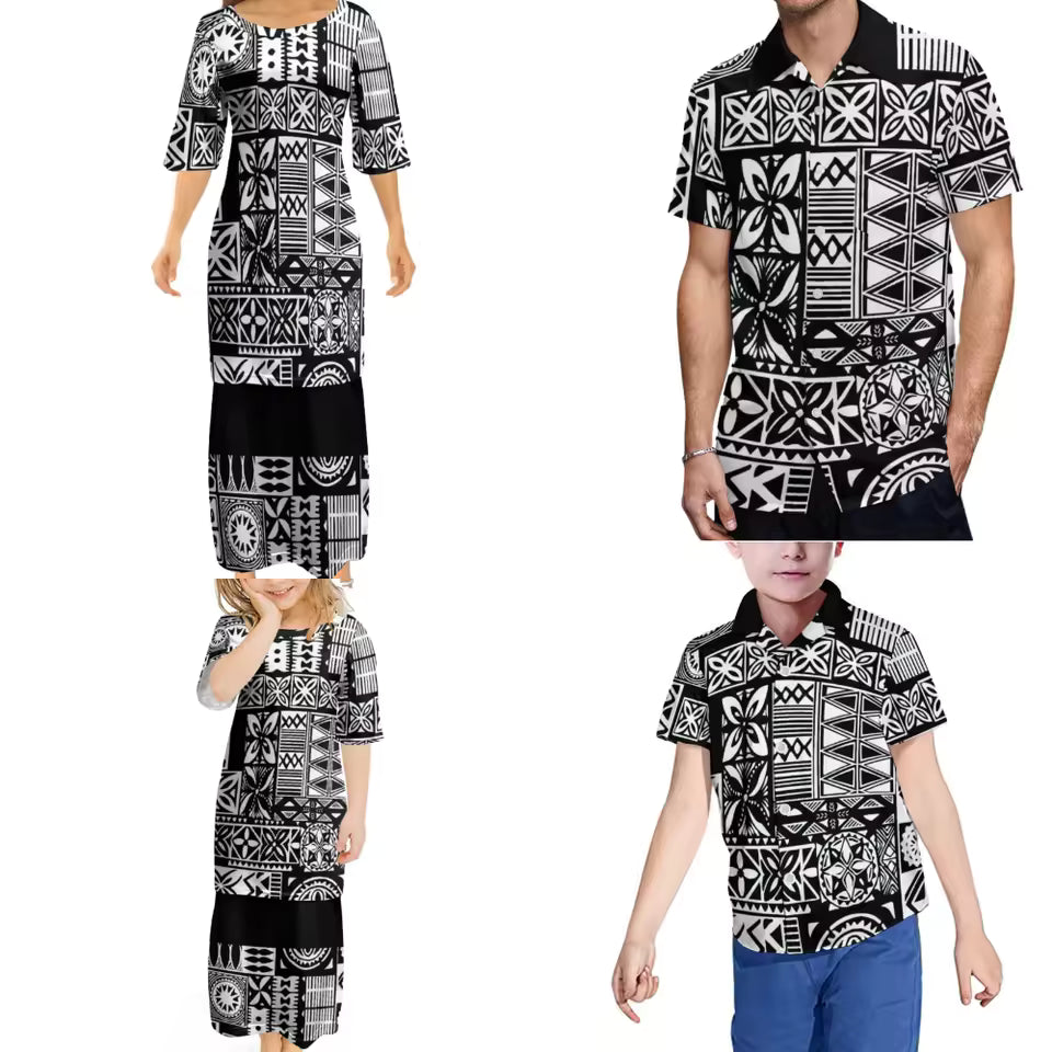 Black Polynesian Tribal Pattern Printed Family Set Women's Puletasi Men'S Shirt Adult Children Matching Outfit For Family Clothing