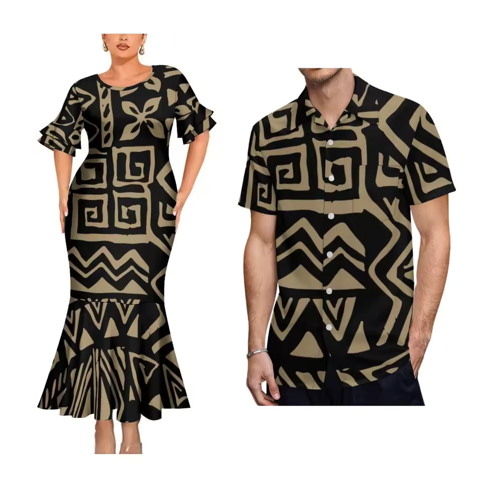 Polynesian Pattern Printed Couple Matching Outfit Polynesian Tribal Short Sleeve Mermaid Long Dress And Hawaiian Shirt Outfit Set