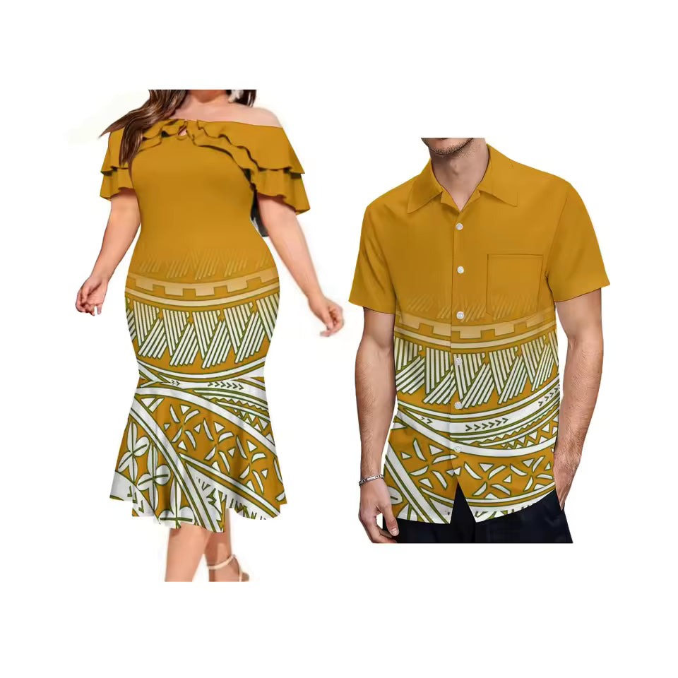Polynesian Tribal Pattern Matching Outfit For Couple Printed Ruffled Fishtail Dress And Hawaiian Shirt Set