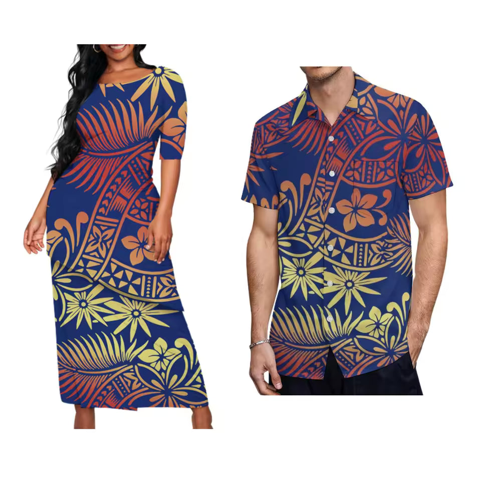 Samoan Polynesian Tribal Pattern Matching Outfit For Couple Hibiscus Pattern Puletasi Dress And Hawaiian Shirts Party Couple Set For Her Him