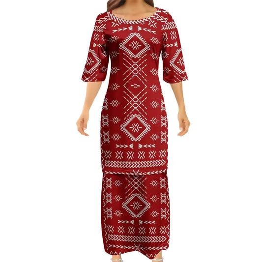 Samoan Red Puletasi Polynesian Tattoo Pattern Women Dresses lady Design Dress Matching Men's Short-Sleeved Shirts Couple Suit