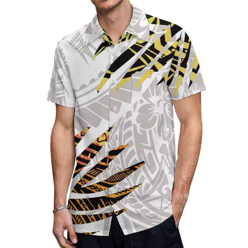 Island Style Matching Outfit For Couple Polynesian Printed White Short Sleeve Mermaid Long Dress And Hawaiian Shir