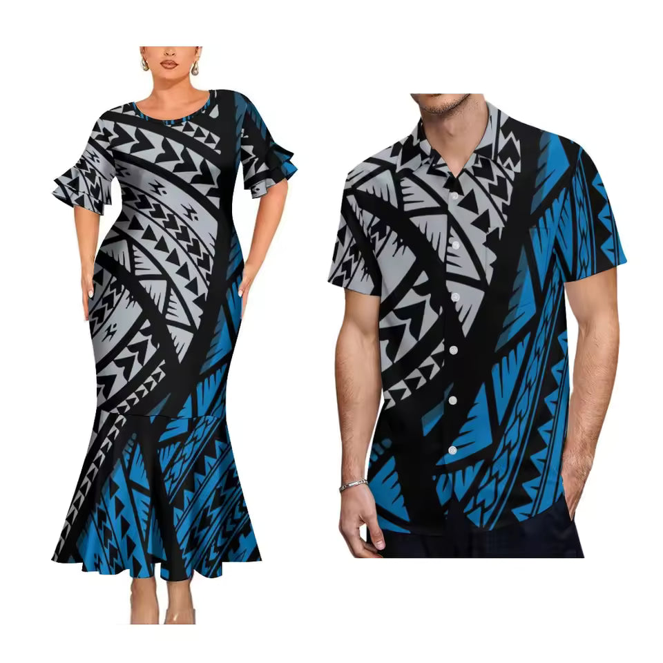 Polynesian Pattern Couple Matching Outfit Polynesian Tribal Printed Short Sleeve Mermaid Long Dress And Hawaiian Shirt