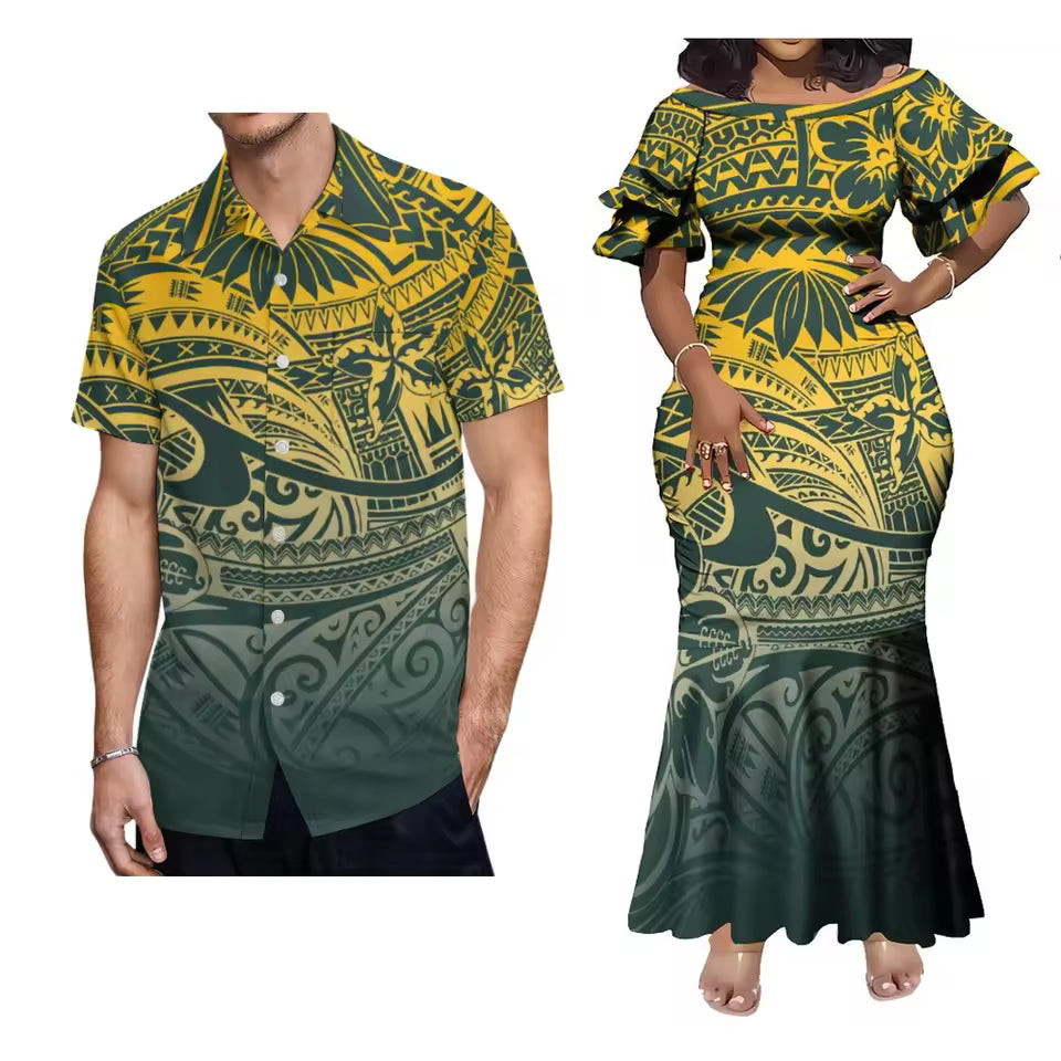 Polynesian Tribal Pattern Green Outfit Couple For Her Him Short Sleeve Mermaid Long Dress And Hawaii Shirt Matching Outfit For Couple