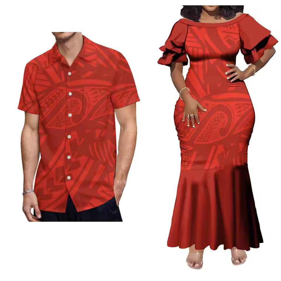 Red Pacific Island Polynesian Tribal Pattern Matching Outfit For Him Her Women'S Short-Sleeved Mermaid Dress Party Men Shirt Couple Set