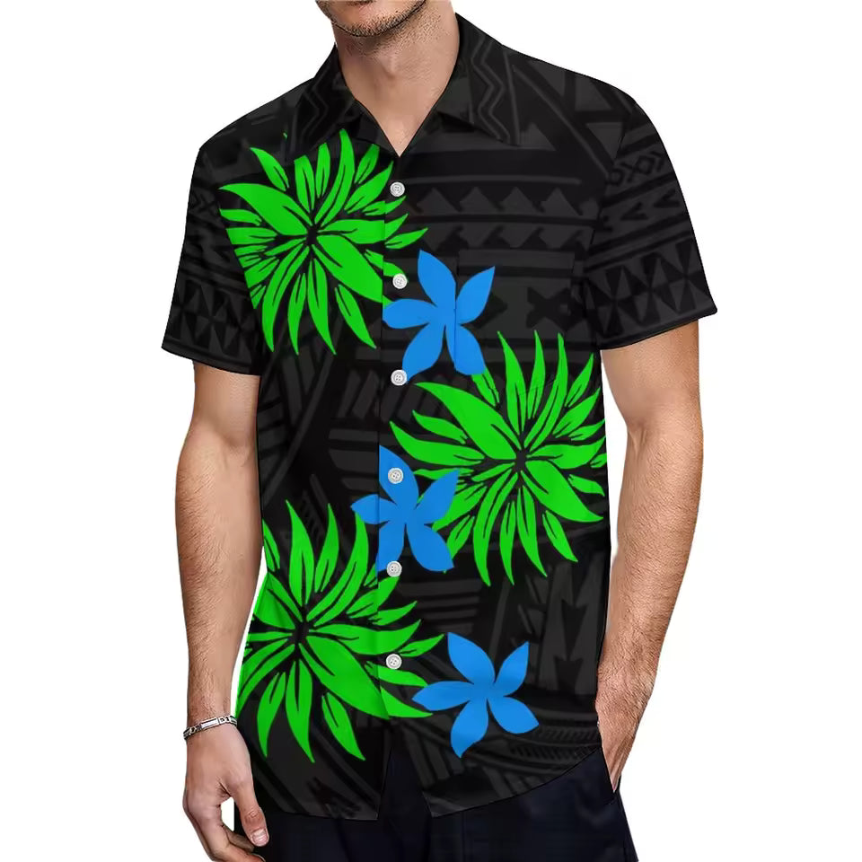 Polynesian Summer Matching Outfit For Couple Polynesian Tropical Printed Black Ruffled Fishtail Dress And Hawaiian Shirt Matching Set