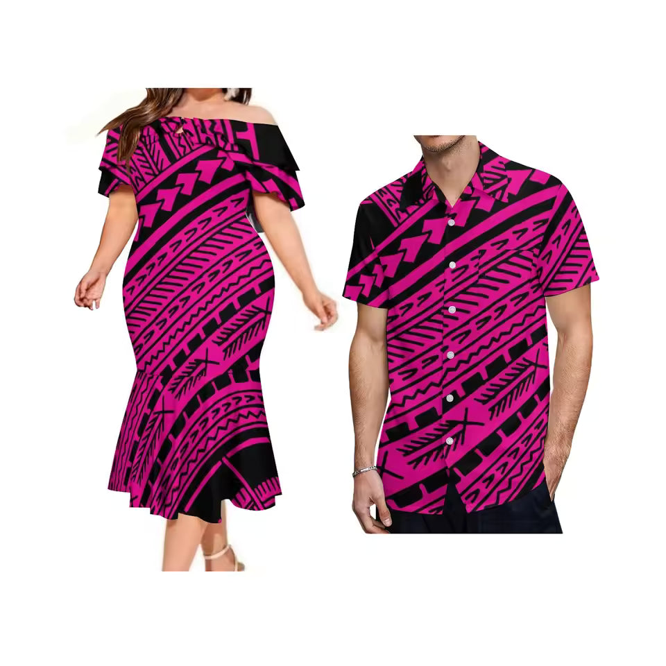 Polynesian Tribal Pattern Matching Outfit For Couple Island Printed Ruffled Fishtail Dress And Hawaiian Shirt Set