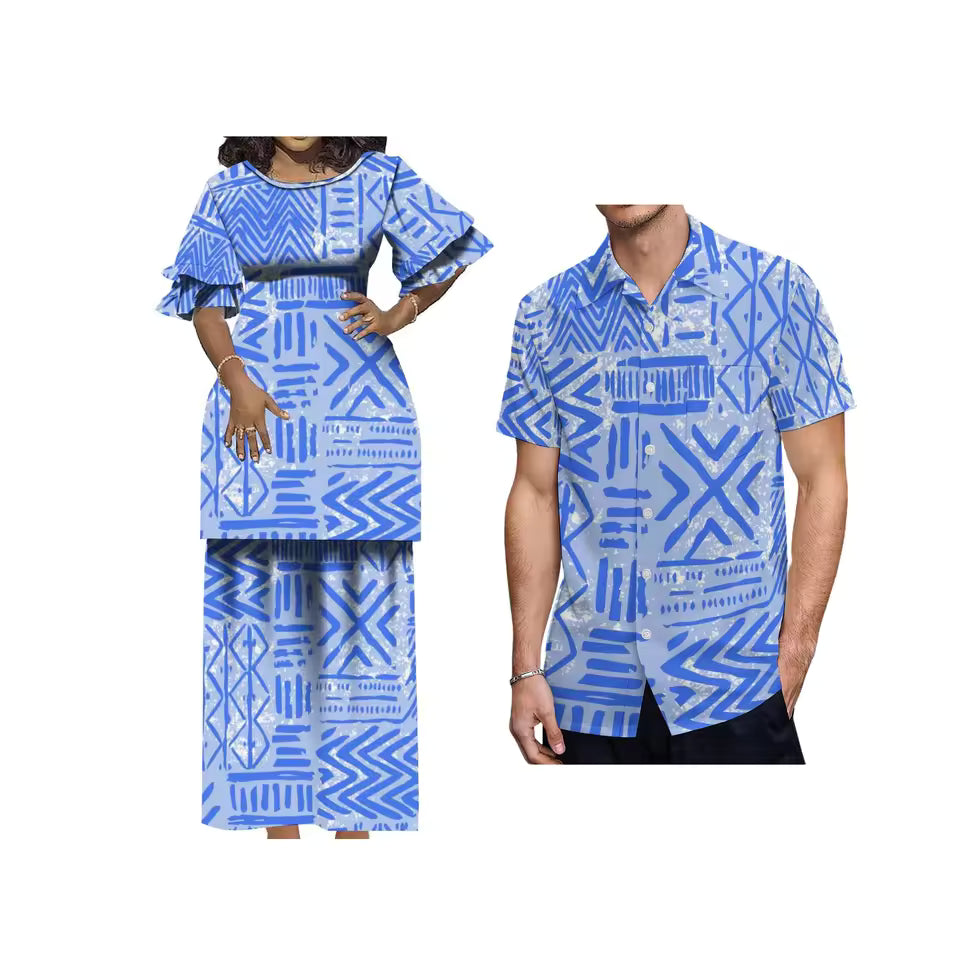 Polynesian Pattern Printed Blue Matching Outfit For Her Him Polynesian Tribal Crewneck Casual Island Puletasi Double layer Horn Sleeve Dress and Hawaii Shirt