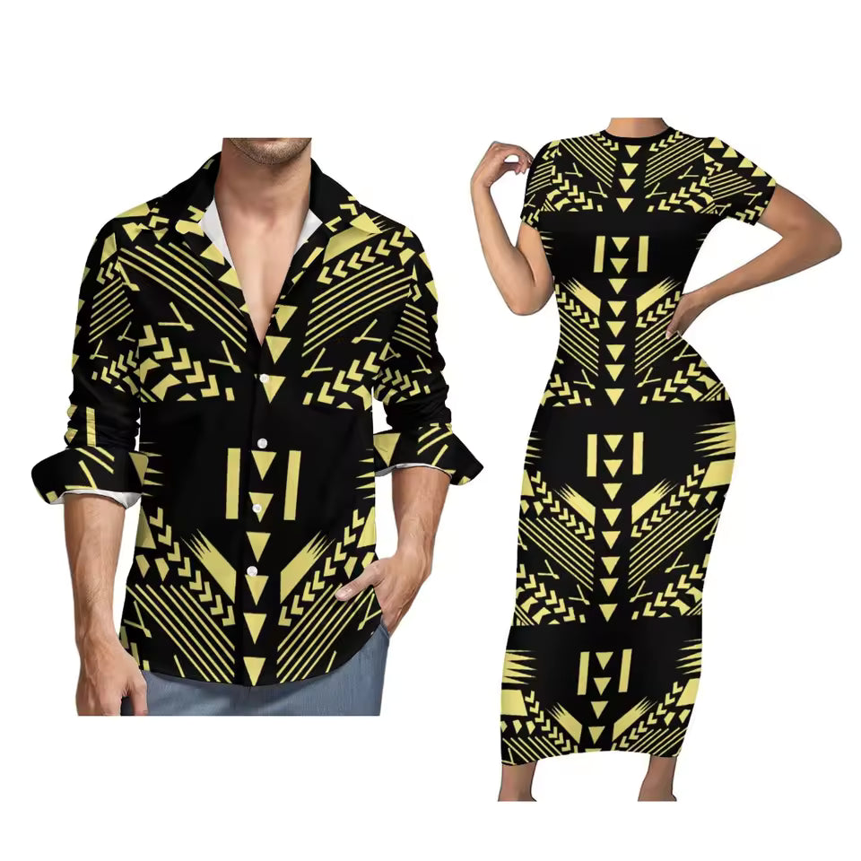 Tribal Polynesian Pattern Matching Outfit For Couples Tight Short Sleeve Dress Style Men Long Sleeve Shirt