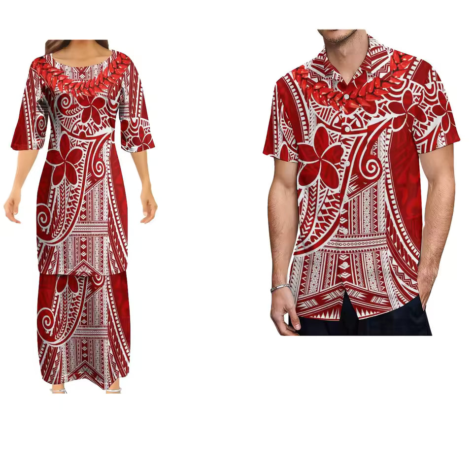 Matching Outfit For Couple Women's Dress Polynesian Vintage Grain Ula Nifo Print Samoan Necklace Party Evening Couple Shirt Set