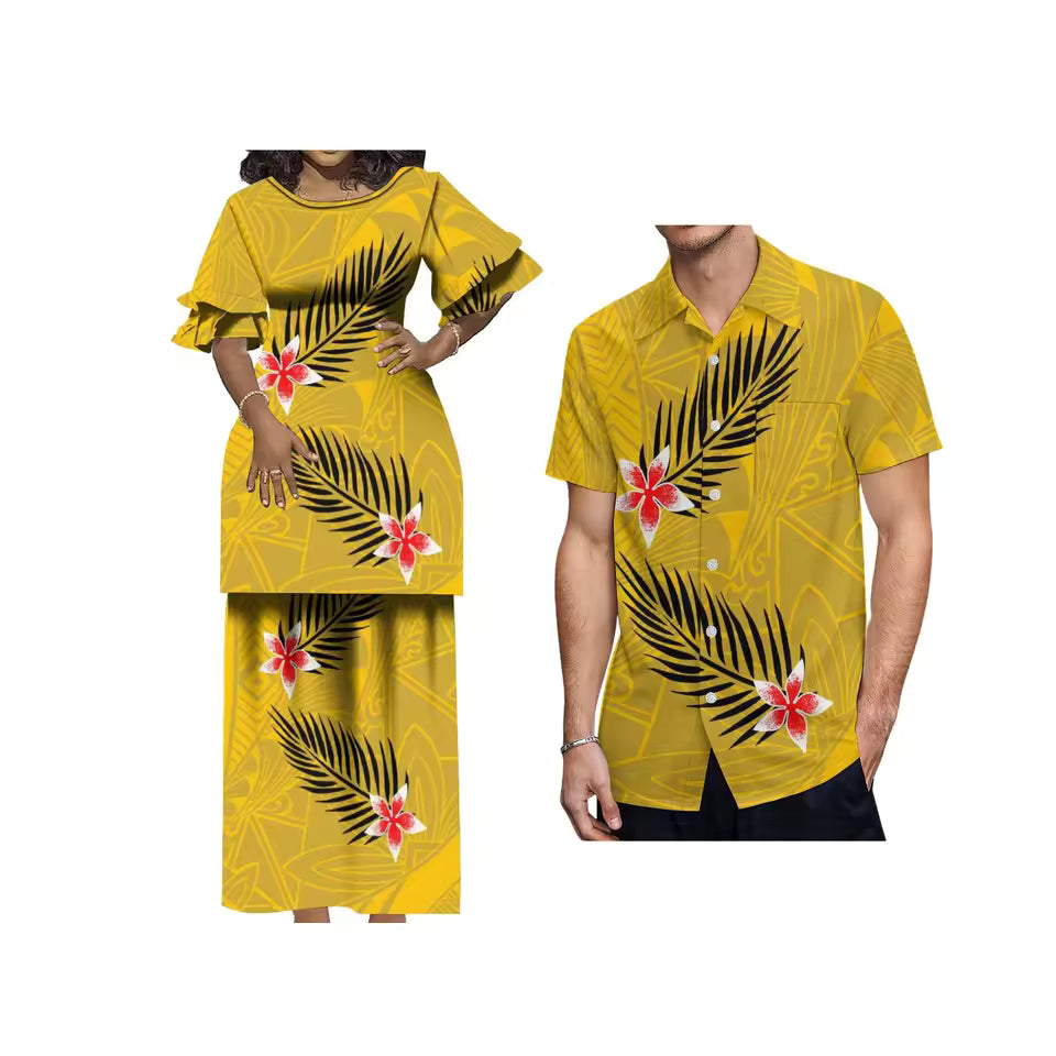 Polynesian Pattern Yellow Printed Couple Matching Outfit Crewneck Casual Island Puletasi Double layer Horn Sleeve Dress and Hawaii Shirt