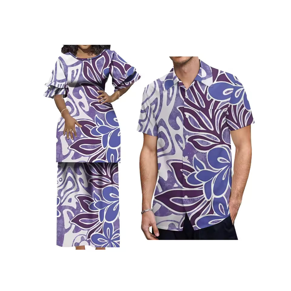 Polynesian Island Printed Samoa Matching Outfit For Couple Puletasi Double layer Horn Sleeve Dress Couple Set