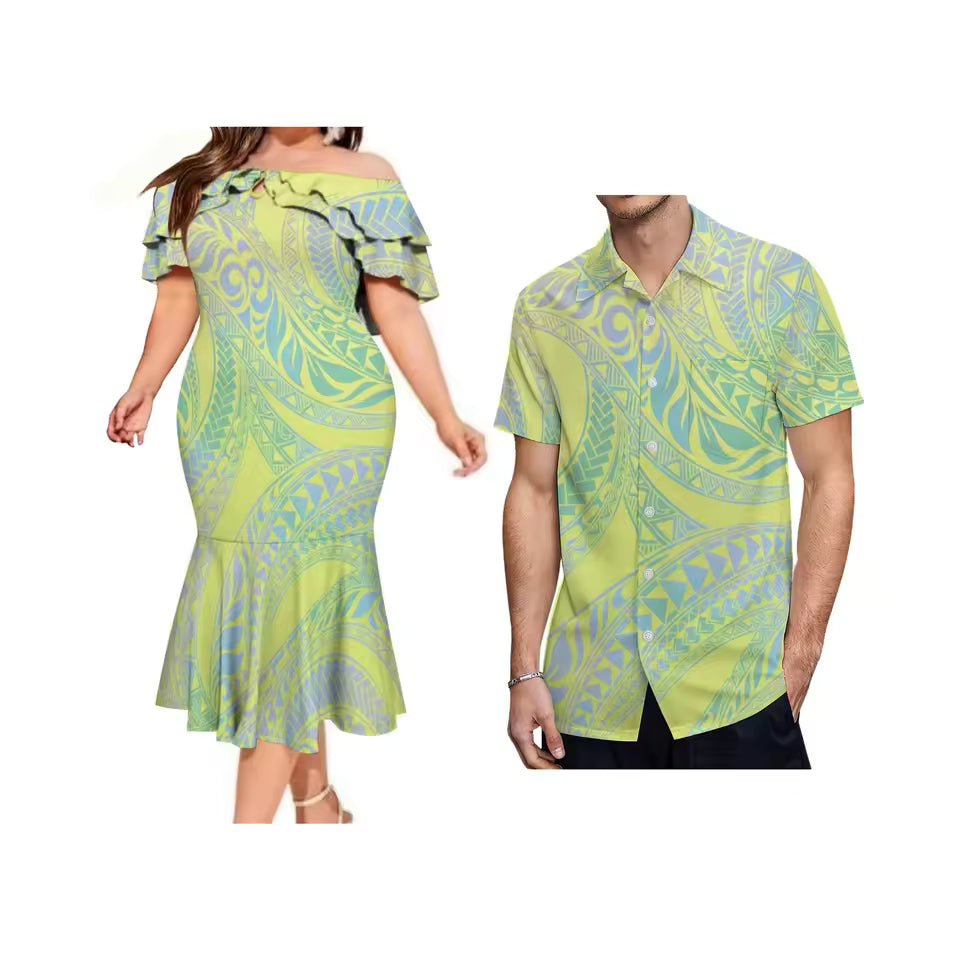 Polynesian Tribal Pattern Matching Outfit For Couple Printed Ruffled Fishtail Dress And Hawaiian Shirt Set