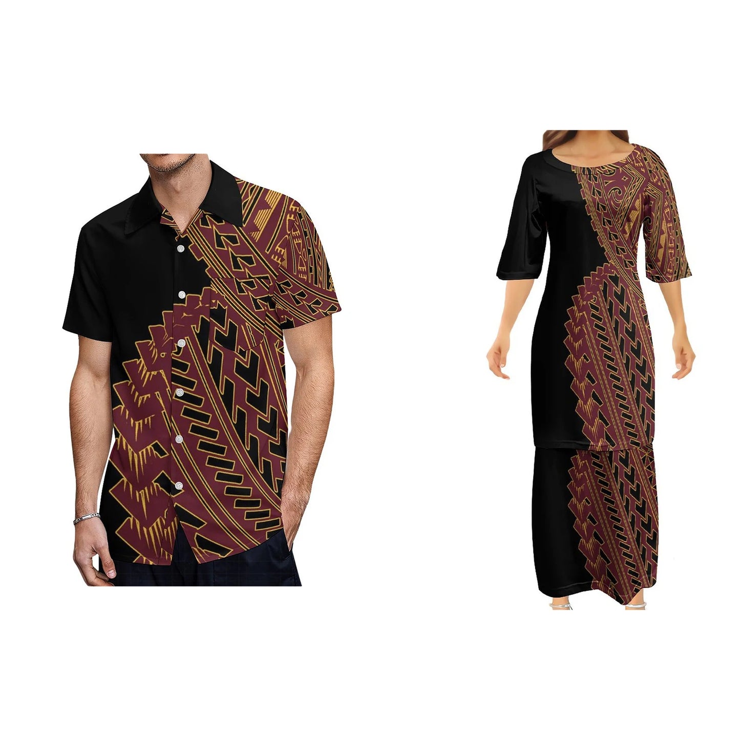 Polynesian Tribe Print Women'S Clothing Asian And Pacific Island Clothing Samoa Puletasi And Hawaiian Shirt Couple Set