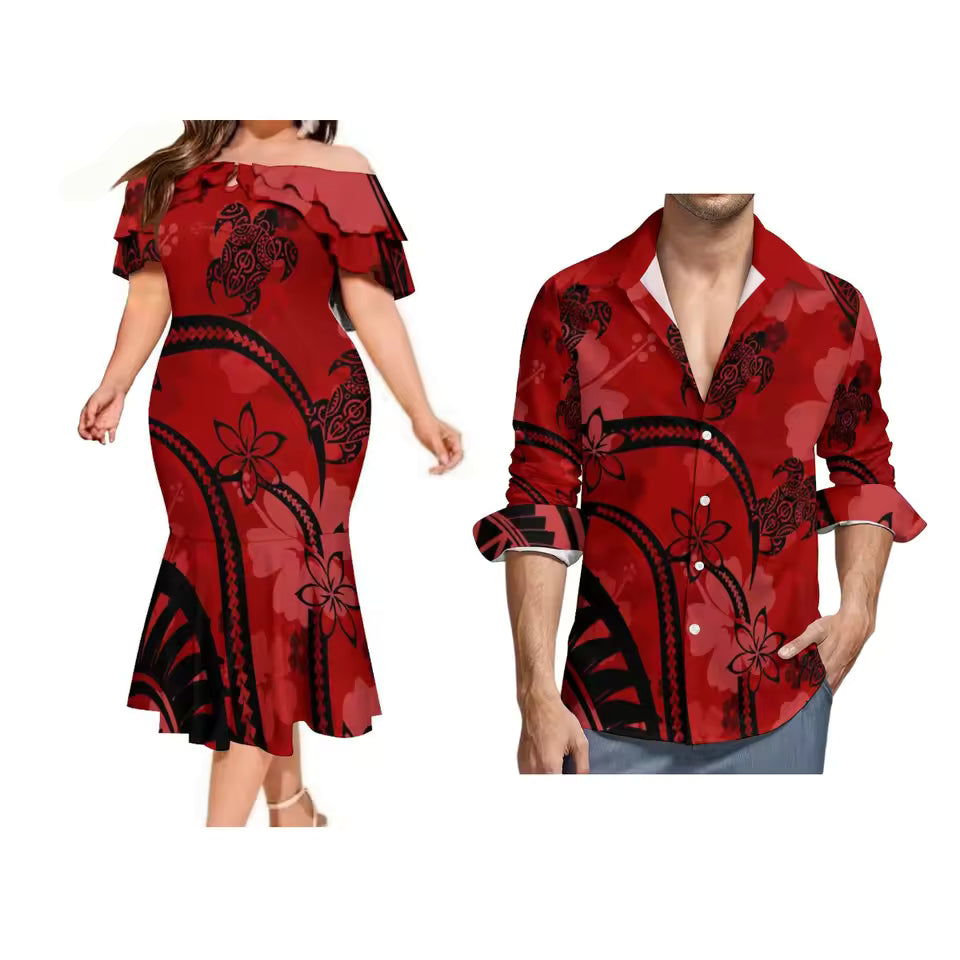 Polyensian Turtle Plumeria Red Matching Couple Outfit Women's Teardrop Neck Ruffle Neck Ruffled Long Dress Men'S Tropical Shirt