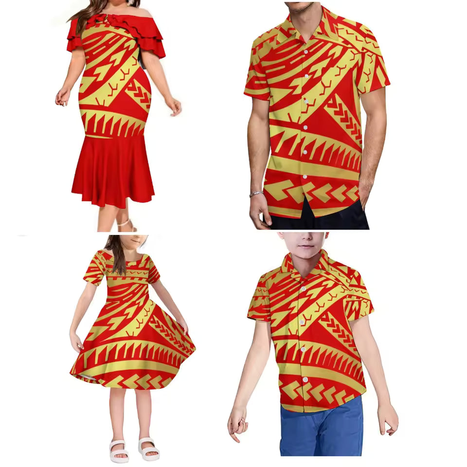 Matching Outfit For Family Polynesian Tribal Pattern Ruffled Long Dress And Shirt