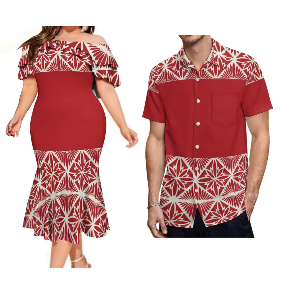 Red Polynesian Tribal Pattern Couple Set Printed Ruffled Fishtail Dress And Hawaiian Shirt Matching Ourfit For Couple
