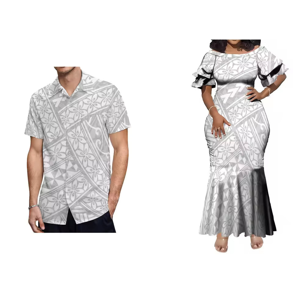 Polynesian Tribal Tropical Flowers White Matching Outfit For Couple Island Matching Outfit Short Sleeve Mermaid Long Dress And Hawaii Shirt Couple Set