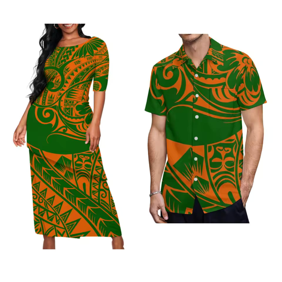 Polynesian Pattern Printed Green Matching Outfit For Couple Traditional Puletasi Dress And Hawaiian Shirts Party Couple Set For Her Him