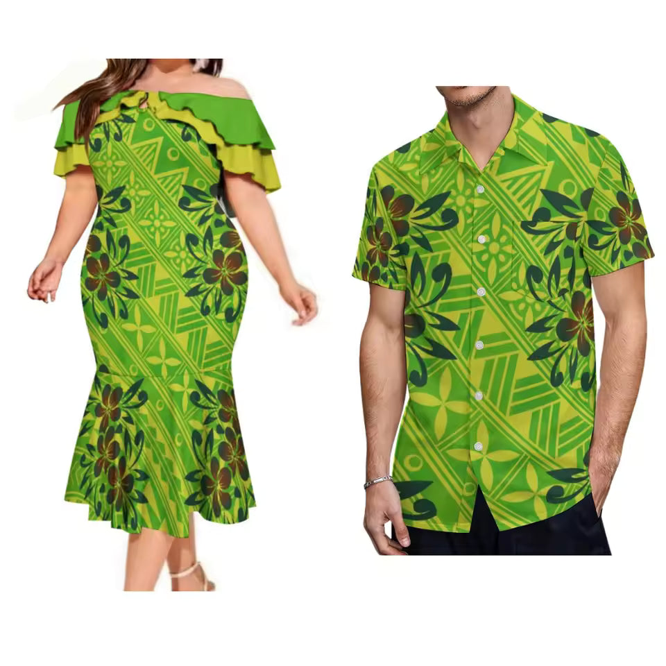 Polynesian Tribe Green Fishtail Dress Matching Outfit For Couple Polynesian Pattern Printed Dress And Hawaiian Shirt Outfit Set