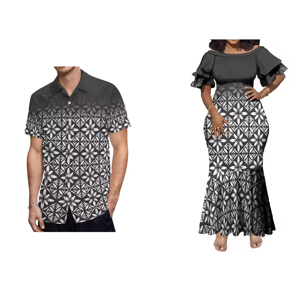 Polynesian Pattern Black White Matching Outfit For Couple Women'S Short-Sleeved Dress Party Men's Hawaiian Shirt