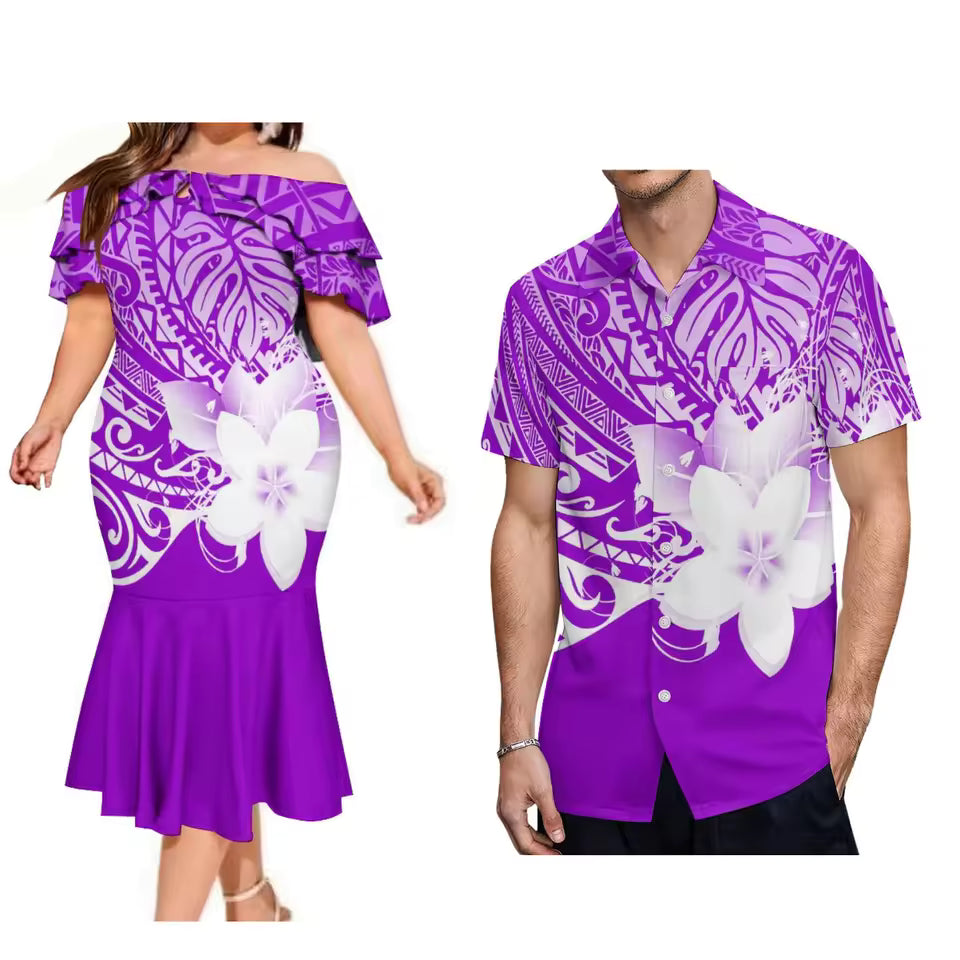 Polynesian Islands Samoa Purple Floral Couple Matching Outfit For Family Dress Purple Polynesian Pattern Ruffled Dress And Hawaiian Shirt For Him