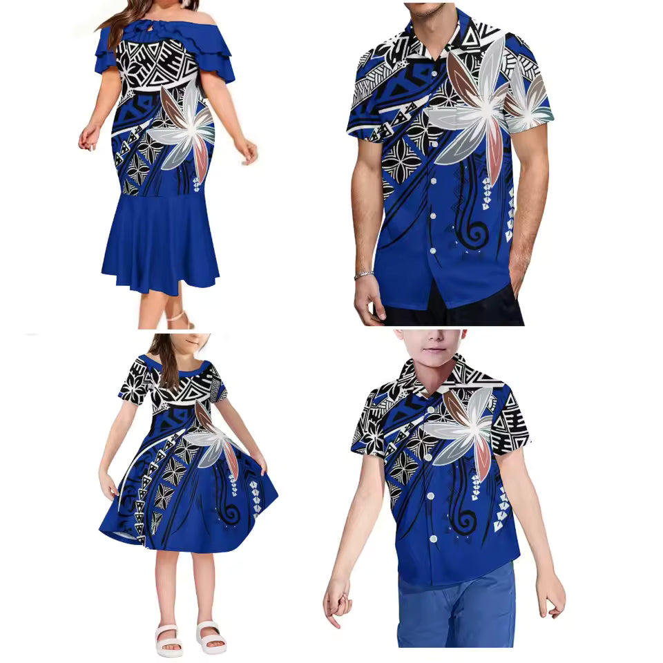 Matching Outfit For Family Polynesian Tribal Pattern Tropical Ruffled Long Dress And Shirt