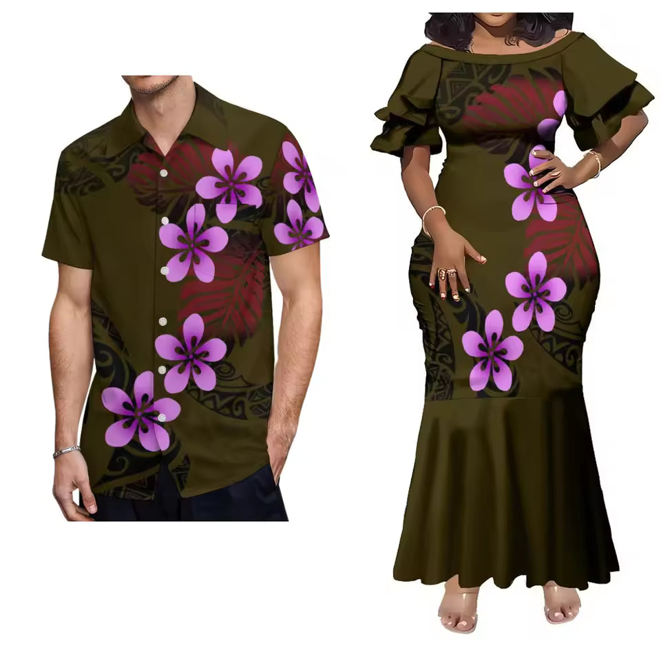 Pacific Island Polynesian Tribal Flowers Pattern Matching Outfit For Him Her Women'S Short-Sleeved Mermaid Dress Party Men Shirt Couple Set