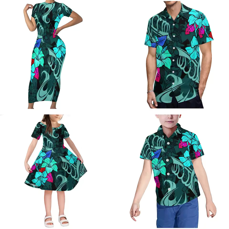 Matching Family Outfits Hibiscus Flowers Polynesian Pattern Body Long Dress For Her And Shirt For Him Girl Dress Kids