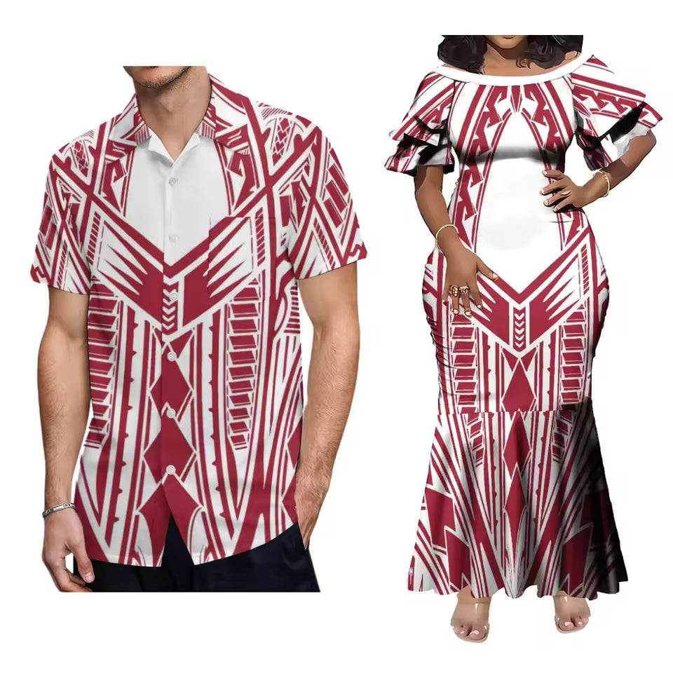 Polynesian Pattern Matching Outfit For Couple Women'S Short-Sleeved Dress Party Men's Hawaiian Shirt
