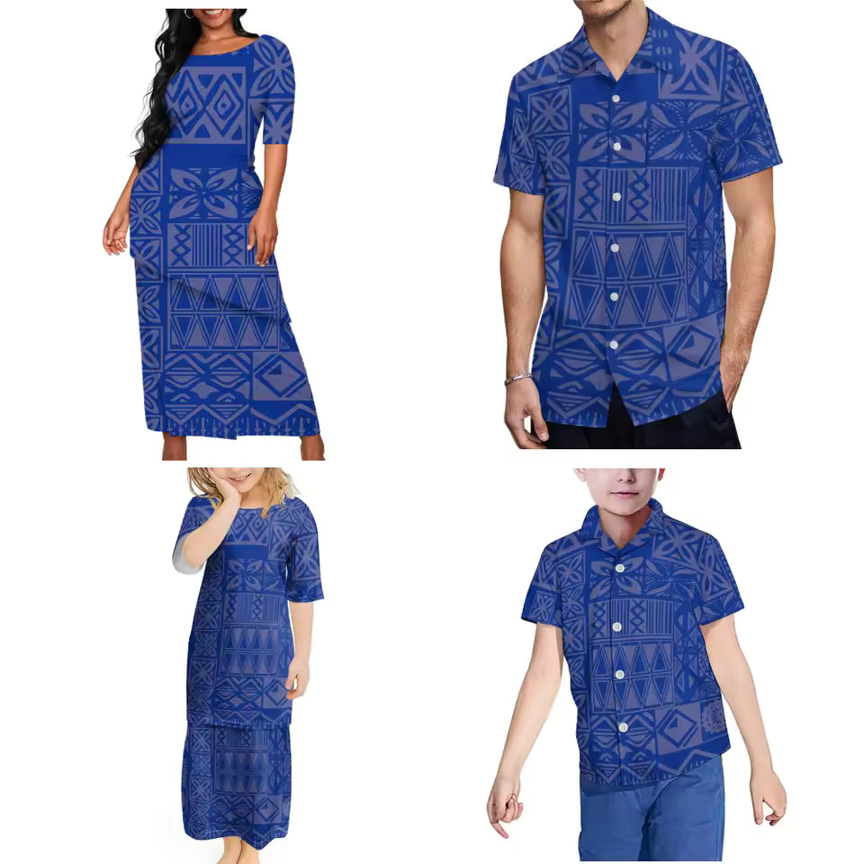 Blue Family Party Clothing Polynesian Patterned Tribe Women Girls Puletasi Suit Skirt Men Boys Shirt