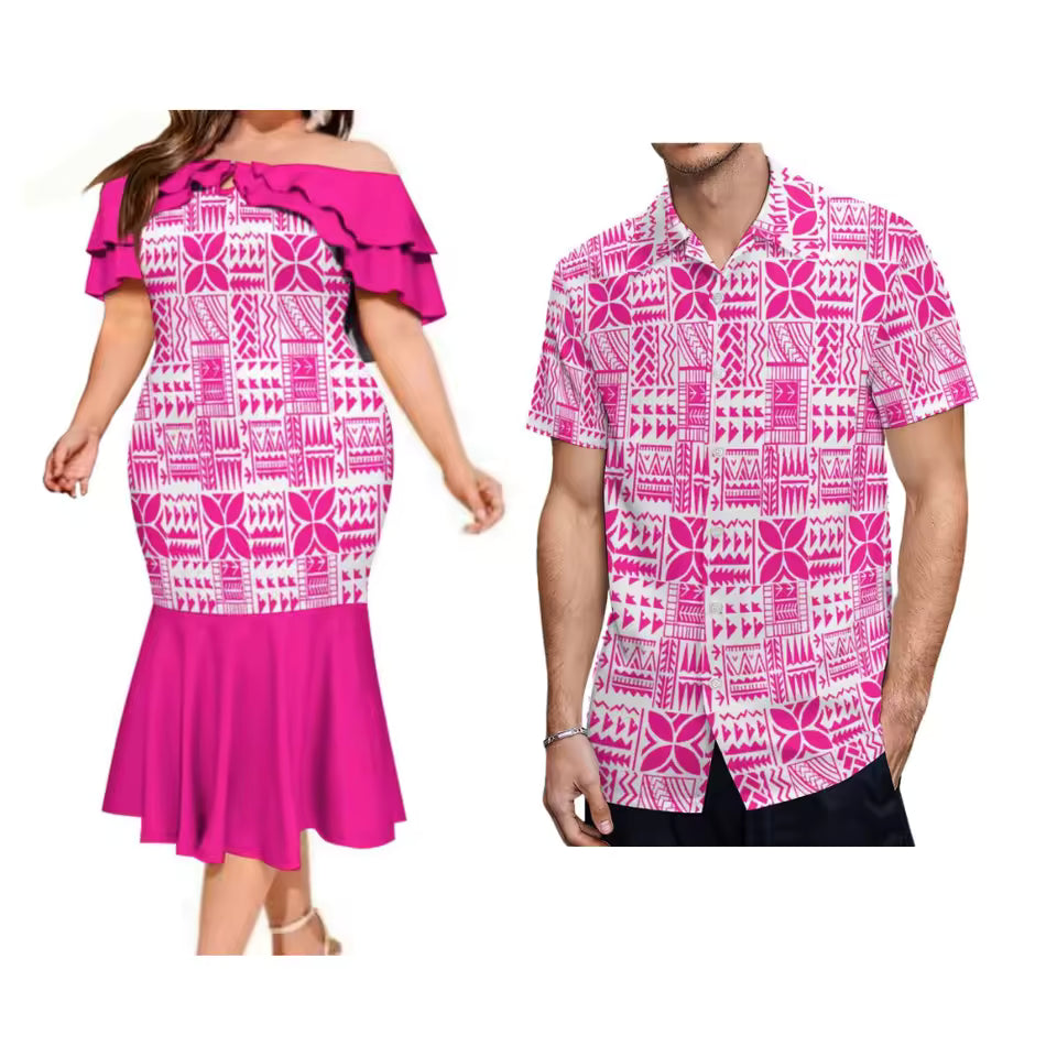 Pink Polynesian Tribal Pattern Couple Set Printed Summer Polynesian Ruffled Fishtail Dress And Hawaiian Shirt Matching Ourfit For Couple