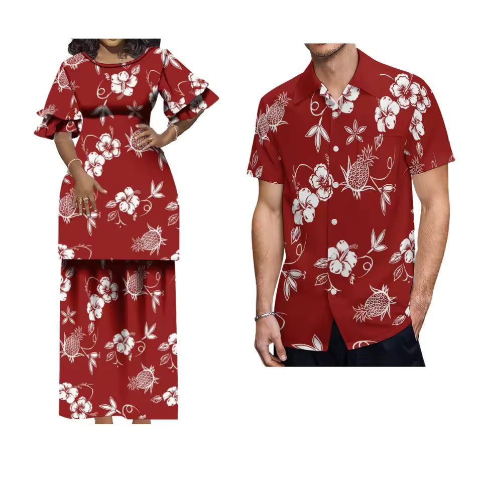 Polynesian Tribal Flowers Pattern Red Matching Outfit Crewneck Casual Puletasi Double layer Horn Sleeve Dress and Hawaii Shirt Island Couple Set