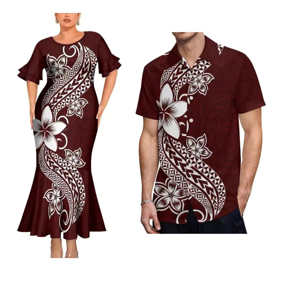Polynesian Pattern Printed Plumeria Pattern Couple Outfit Polynesian Women's Short-Sleeved Dress Party Hawaiian Shirt For Men