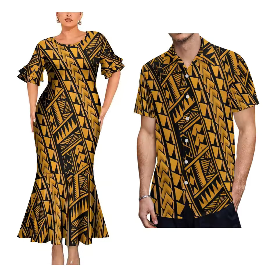 Island Style Matching Outfit For Couple Polynesian Tribal Printed Yellow Short Sleeve Mermaid Long Dress And Hawaiian Shirt