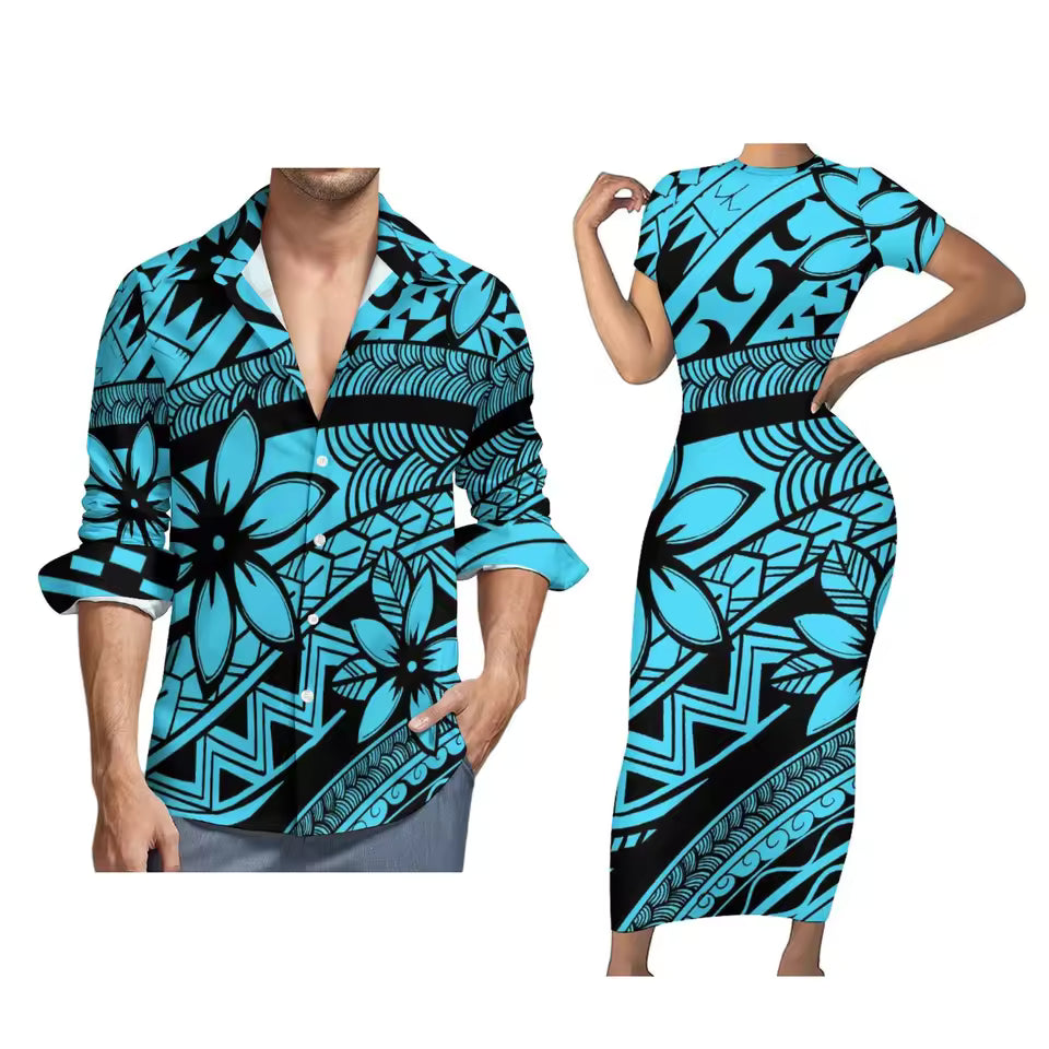 Blue Plumeria Tribal Polynesian Pattern Matching Outfit For Couples Tight Short Sleeve Dress Style Men Long Sleeve Shirt