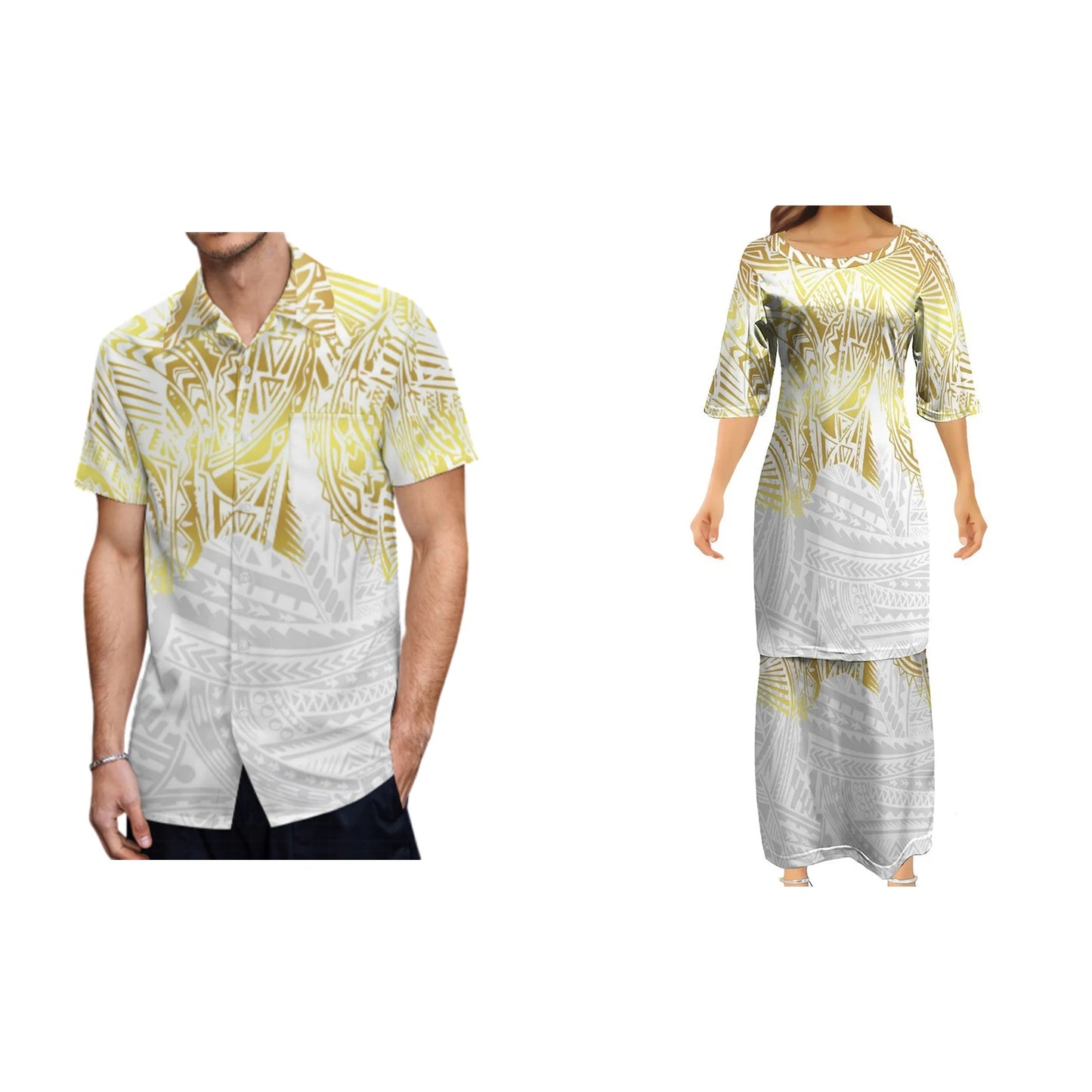 Polynesian Tribe Pattern Print Women'S Clothing Samoa Puletasi And Hawaiian Shirt Couple Set