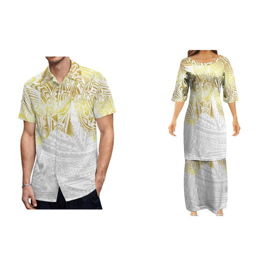 Polynesian Tribe Pattern Print Women'S Clothing Samoa Puletasi And Hawaiian Shirt Couple Set