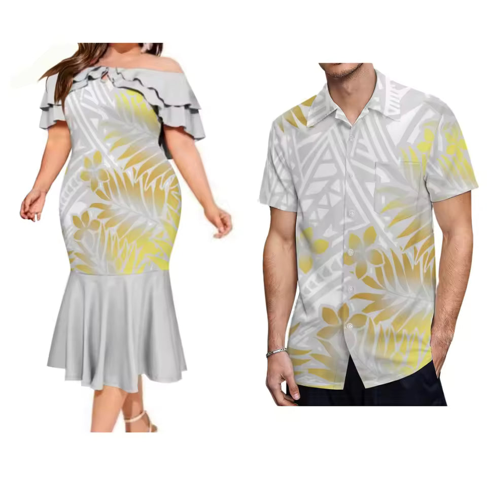 Polynesian Tribe White Fishtail Dress Matching Outfit For Couple Polynesian Pattern Printed Dress And Hawaiian Shirt Outfit Set