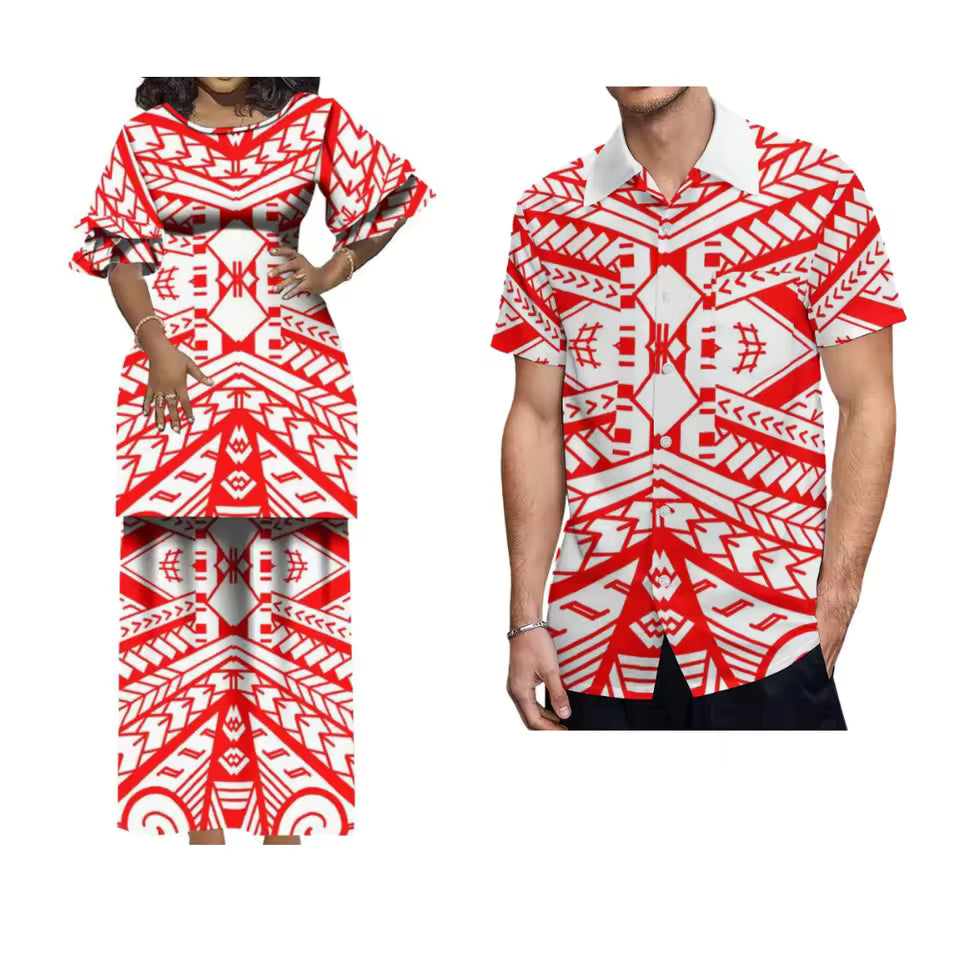 Red Polynesian Tribal Pattern Matching Outfit For Couple Puletasi Double layer Horn Sleeve Dress For Her and Hawaii Shirt For Him