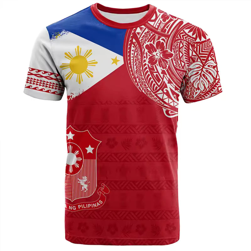 Philippines T Shirt Philippines Polynesian Flowers Leaf Pattern Unisex Printed O-Neck Shirt